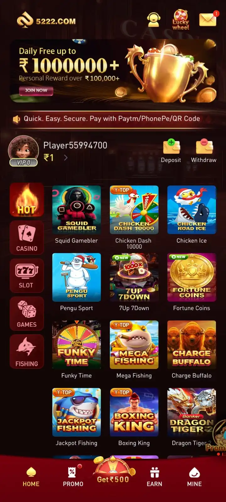 5222 Game mobile app home and game categories