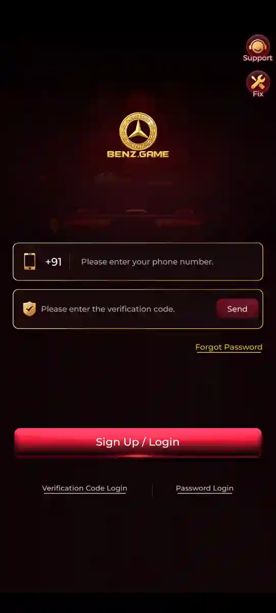 BENZ App mobile game interface and login screen